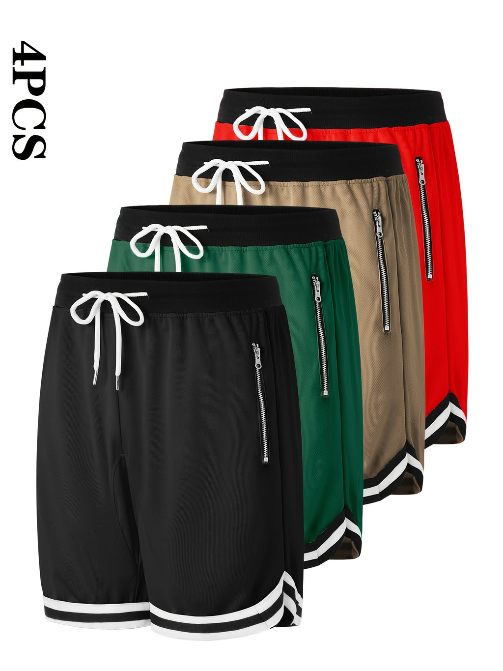 4 pairs - Men's Casual Athletic Shorts with Zipper Pockets - Breathable Polyester, Elastic Waistband with Drawstring, Multi-Color (Black/White/Green/Red) Striped Side Panels for Basketball, Sports &amp; Casual Wear - Machine Washable