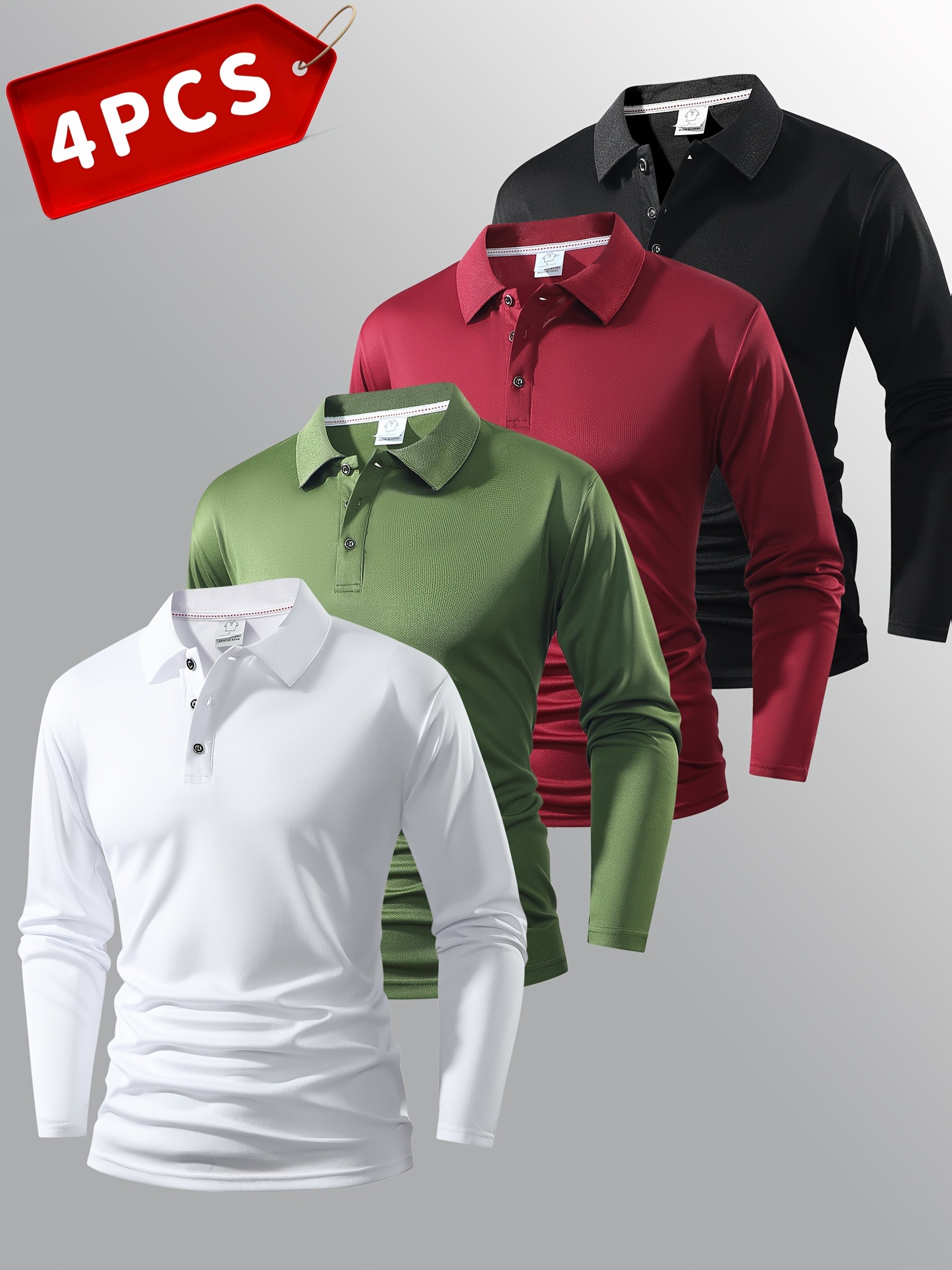 4 Men's Long-Sleeved Polo Shirts - Multiple Colors - Classic Solid Color Design - Versatile and Fashionable Men's Polo Collared Shirts