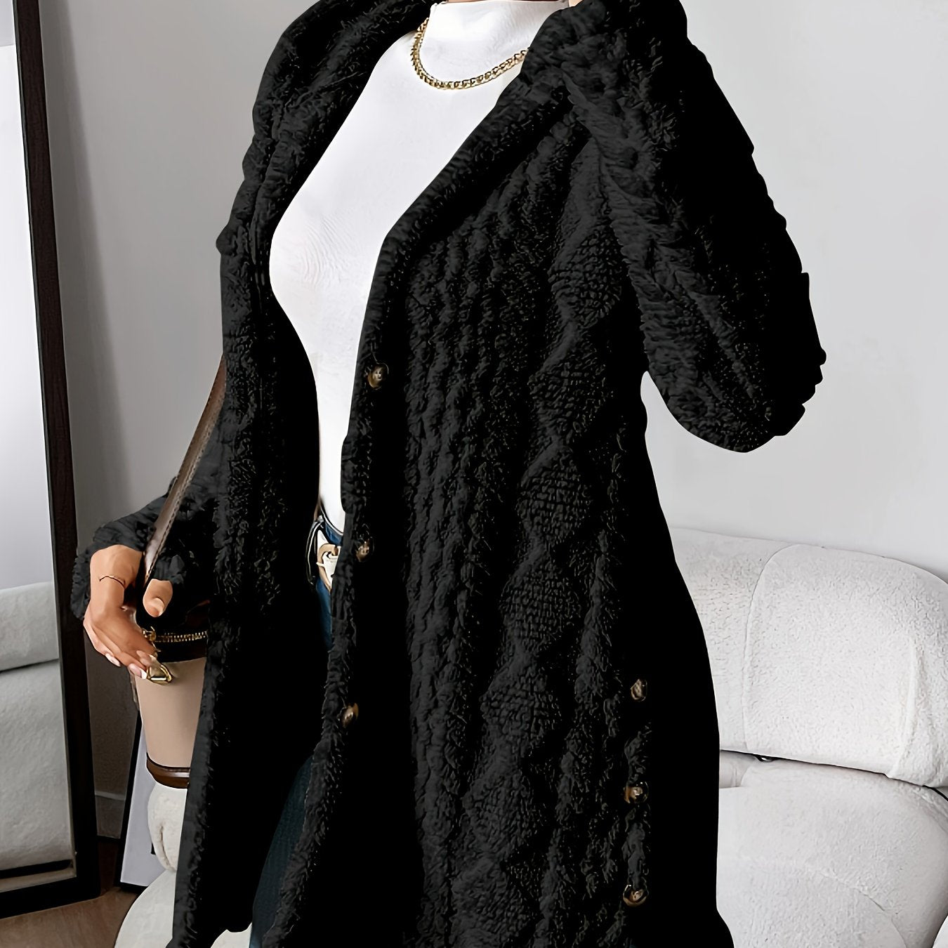 Jacquard Plush Hooded Cardigan Coat