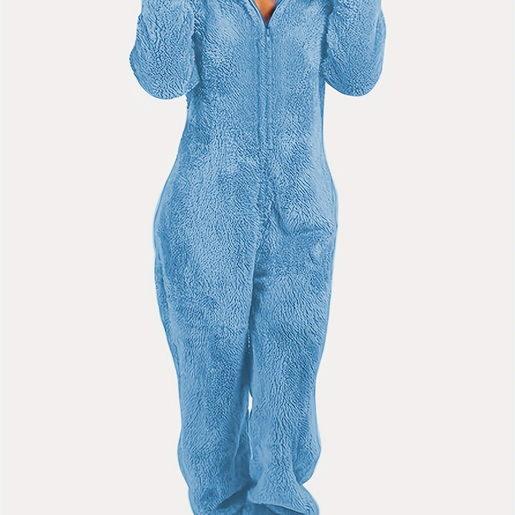 Fuzzy Cozy Hooded Pajama Jumpsuit - Comfy &amp; Cute Long Sleeve Zipper Pajamas - Women's Lingerie &amp; Sleepwear - Music - view 12 of 16