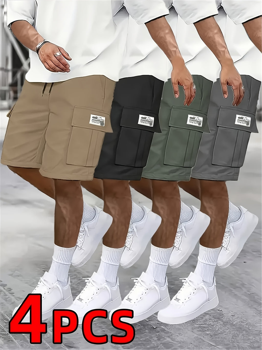 4 pairs - Men's shorts, casual loose shorts, perfect choice, large pocket workwear shorts, summer workwear shorts