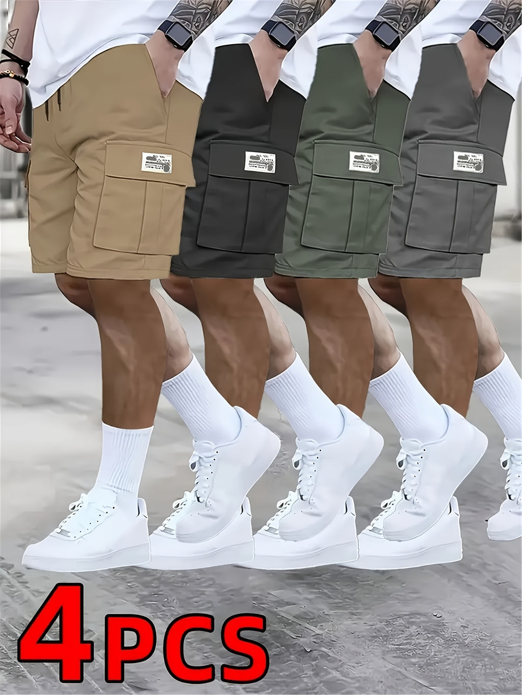 4 pairs - Men's shorts, casual loose shorts, perfect choice, large pocket workwear shorts, summer workwear shorts