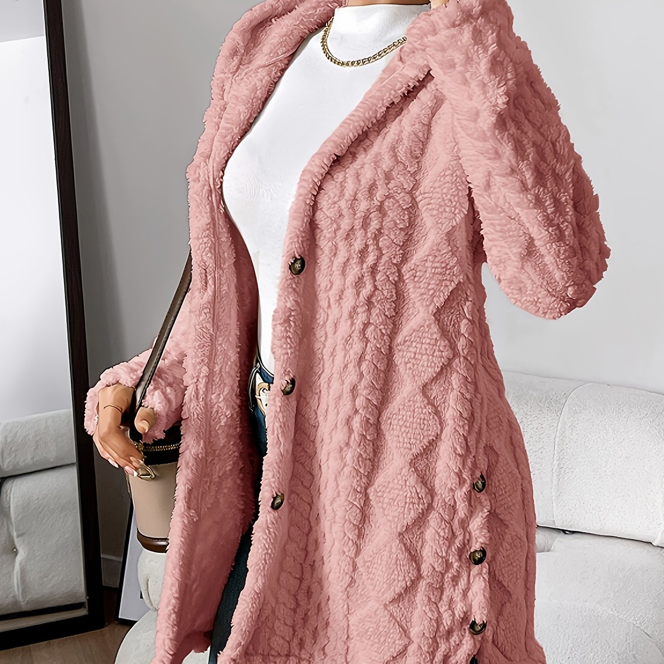 Jacquard Plush Hooded Cardigan Coat