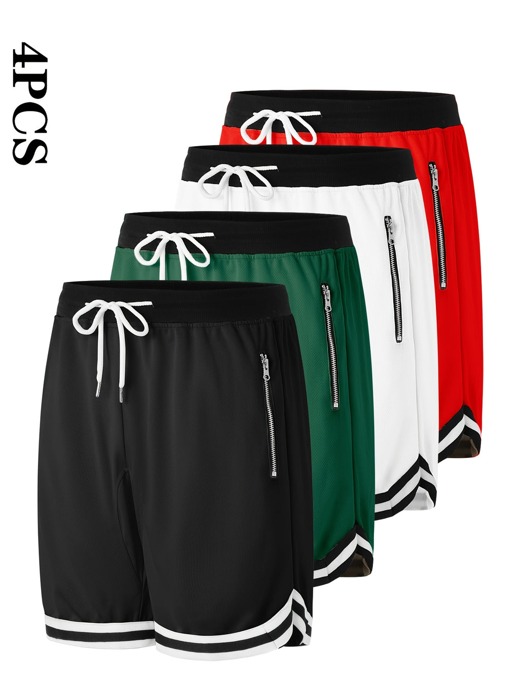 4 pairs - Men's Casual Athletic Shorts with Zipper Pockets - Breathable Polyester, Elastic Waistband with Drawstring, Multi-Color (Black/White/Green/Red) Striped Side Panels for Basketball, Sports &amp; Casual Wear - Machine Washable