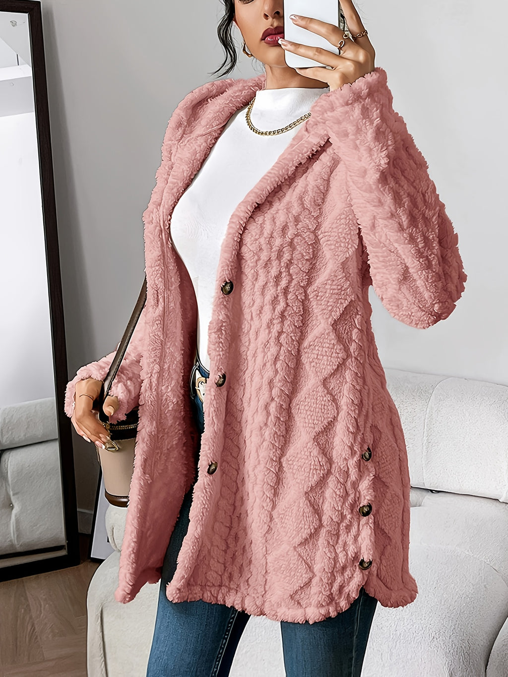 Jacquard Plush Hooded Cardigan Coat