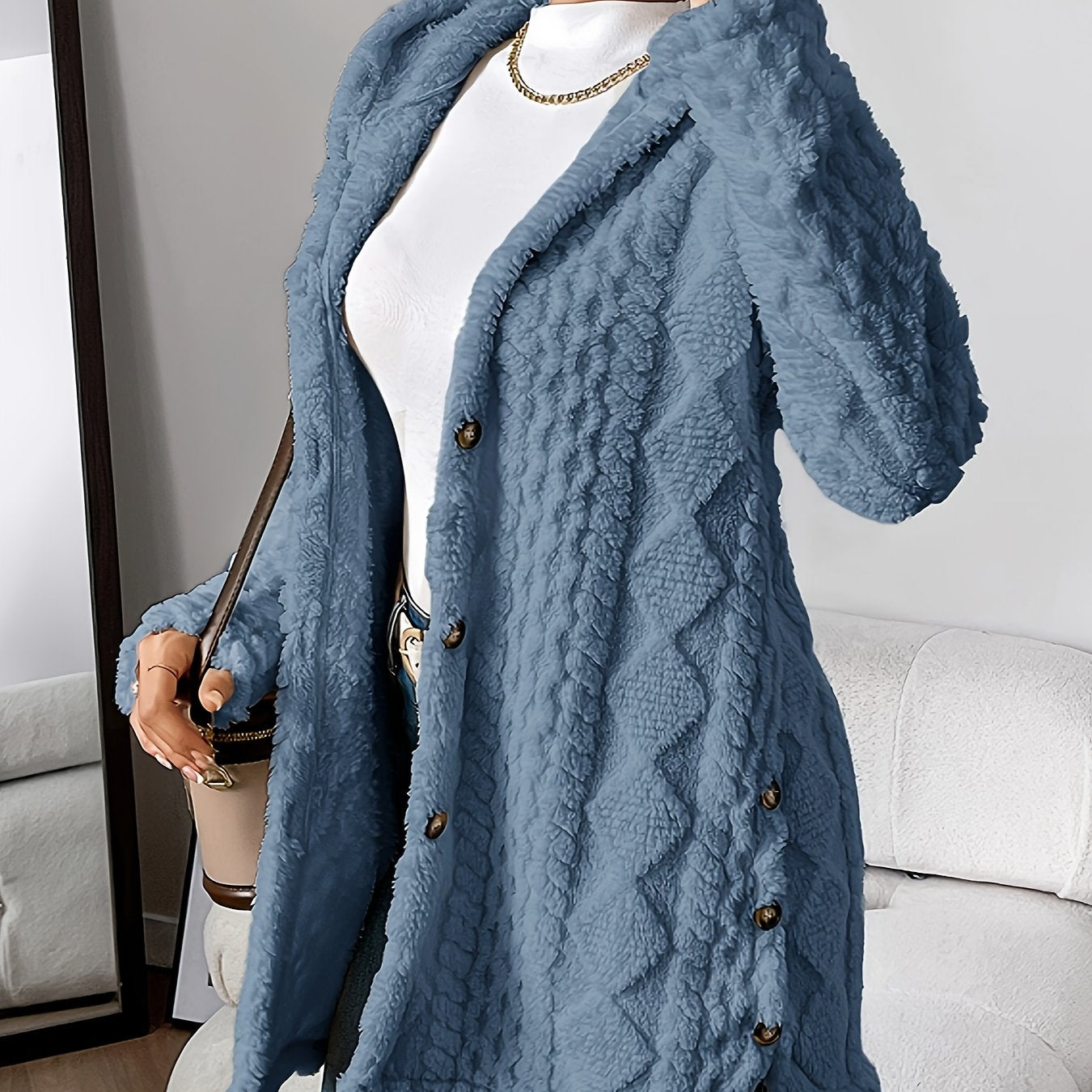 Jacquard Plush Hooded Cardigan Coat