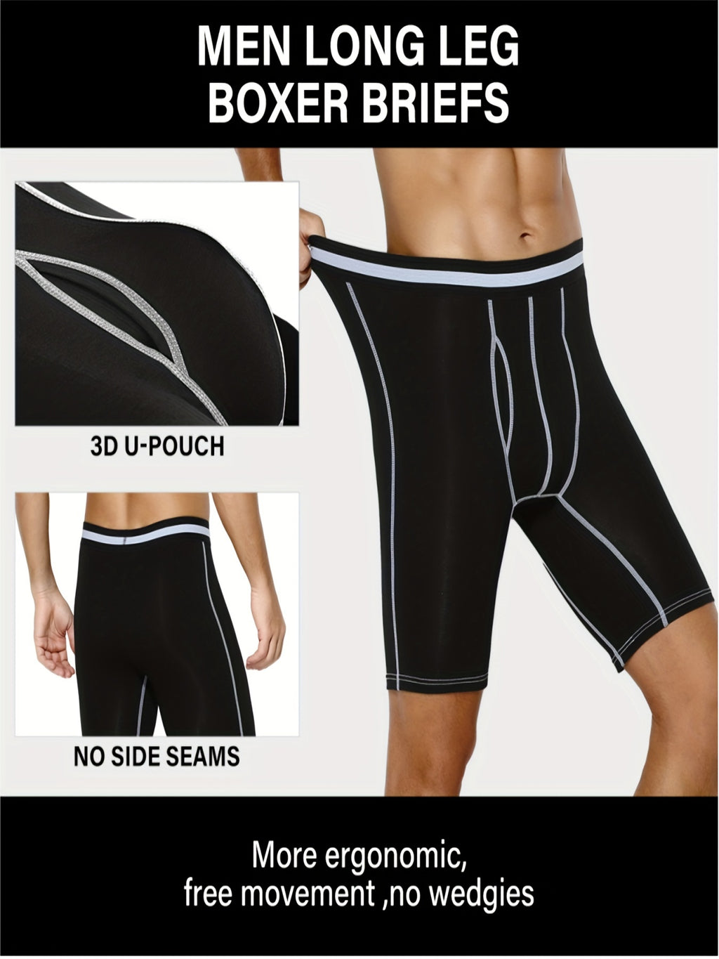 4 pairs - Men's Cotton Boxer Briefs with Open Fly Pouch - Long Leg - Slimming Shapewear - Moisture Wicking &amp; Breathable - Ideal for Sports &amp; Cycling - Stretchy Support in Black, White, Red, Navy