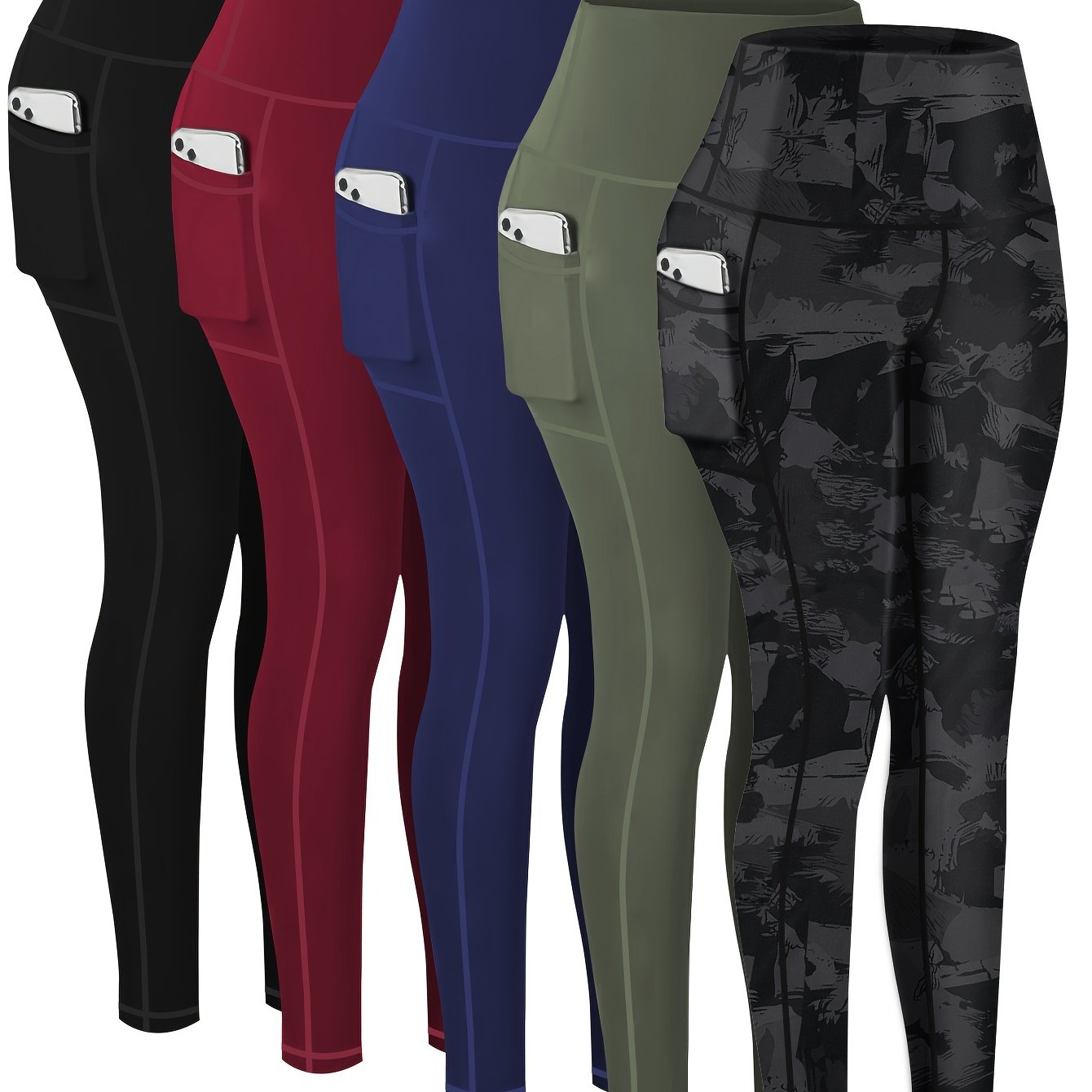 5 pairs - Women's Plus Size Sports Leggings - High-Waisted Cropped Yoga Pants with Pockets - Fitness Running Compression Tights For Women, High-Waisted Cropped Yoga Pants With Pockets, Fitness Running Compression Tights