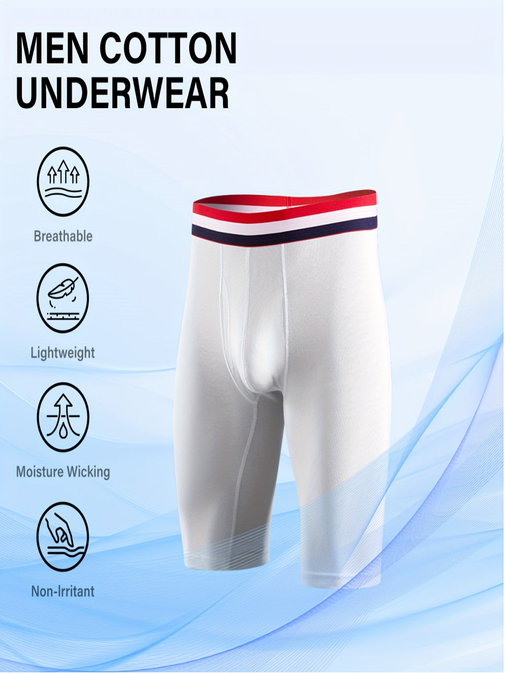 4 pairs - Men's Cotton Boxer Briefs with Open Fly Pouch - Long Leg - Slimming Shapewear - Moisture Wicking &amp; Breathable - Ideal for Sports &amp; Cycling - Stretchy Support in Black, White, Red, Navy