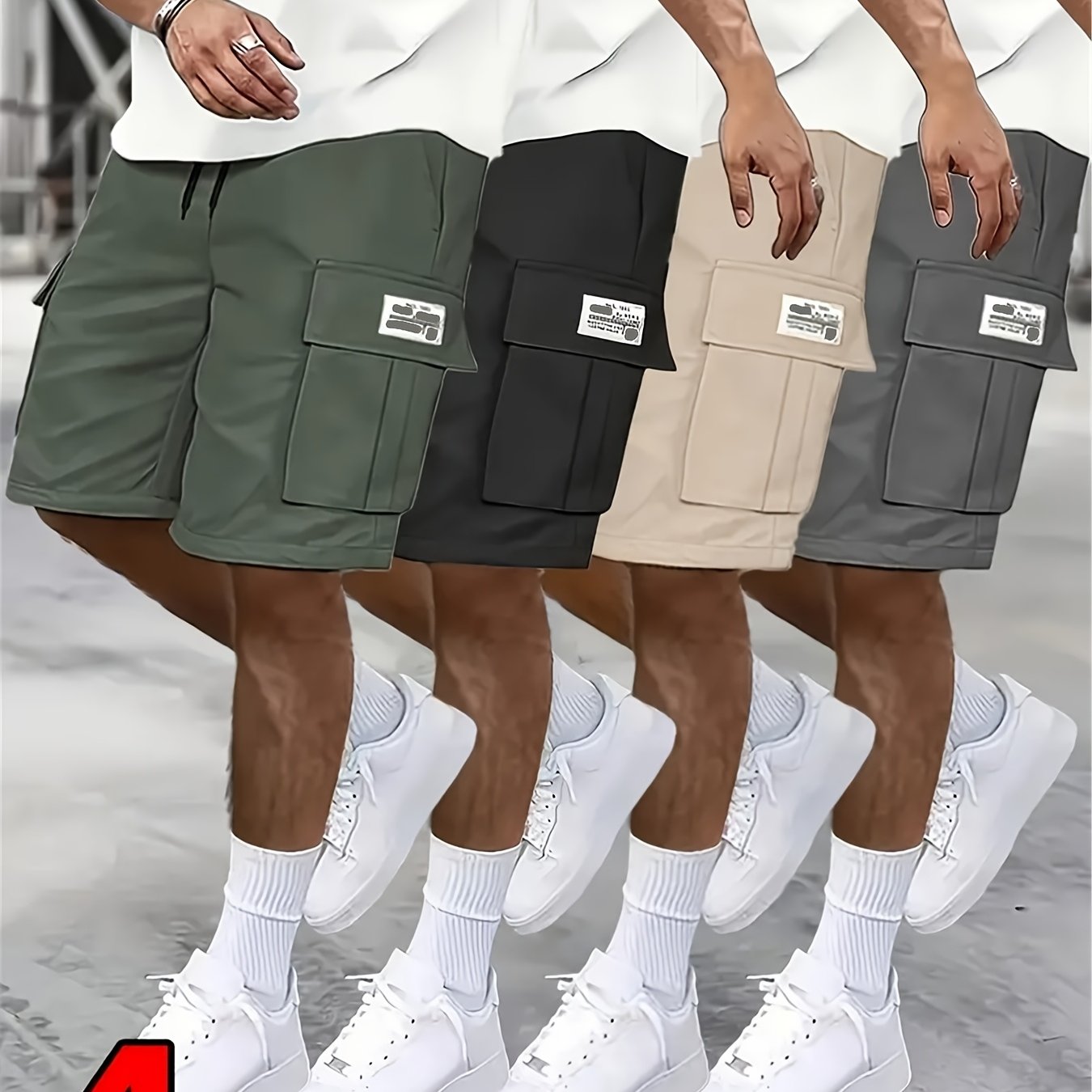 4 pairs - Men's shorts, casual loose shorts, perfect choice, large pocket workwear shorts, summer workwear shorts