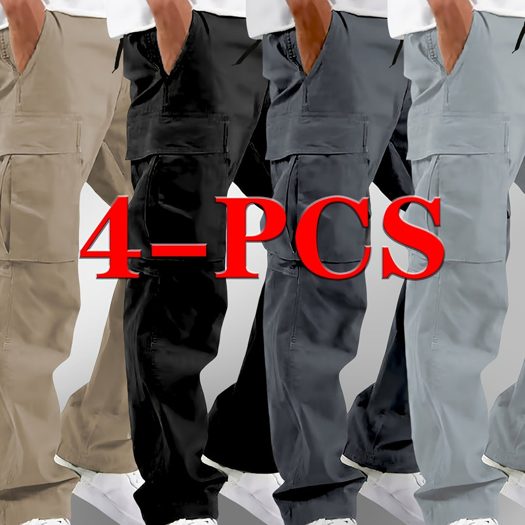 4 pairs - Men's Loose Drawstring Waist Work Pants - Multi-Pocket Stretch High Waisted Trendy Street Style Breathable Casual Trousers
