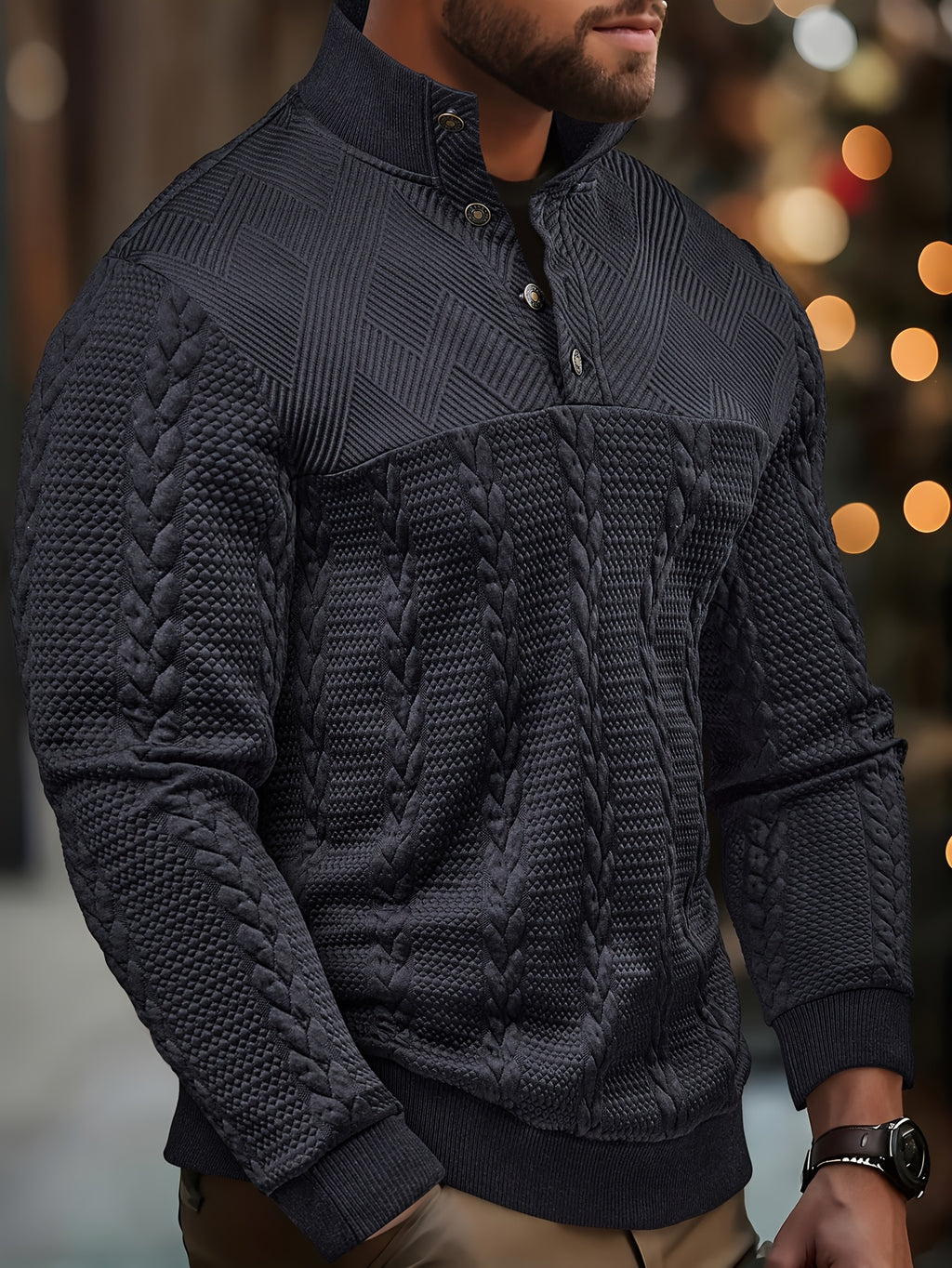 Men's Henley Shirt - Soft Stretch Long Sleeve Button-Up Shirt with Elastic hem, Formal & Casual Button-Up Blouse for Office, Outdoor, Vacation - Spring/Fall Layering Essential in Dark Colors (Navy, Black, Brown) - Easy-Care E