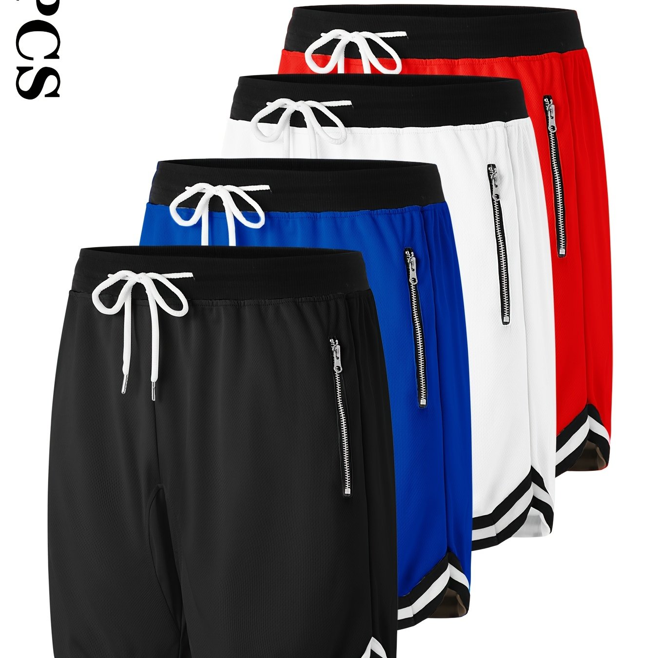 4 pairs - Men's Casual Athletic Shorts with Zipper Pockets - Breathable Polyester, Elastic Waistband with Drawstring, Multi-Color (Black/White/Green/Red) Striped Side Panels for Basketball, Sports &amp; Casual Wear - Machine Washable