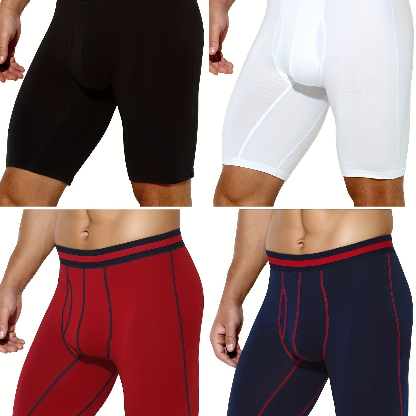 4 pairs - Men's Cotton Boxer Briefs with Open Fly Pouch - Long Leg - Slimming Shapewear - Moisture Wicking &amp; Breathable - Ideal for Sports &amp; Cycling - Stretchy Support in Black, White, Red, Navy