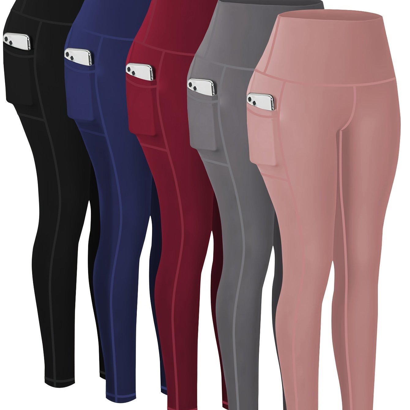 5 pairs - Women's Plus Size Sports Leggings - High-Waisted Cropped Yoga Pants with Pockets - Fitness Running Compression Tights For Women, High-Waisted Cropped Yoga Pants With Pockets, Fitness Running Compression Tights