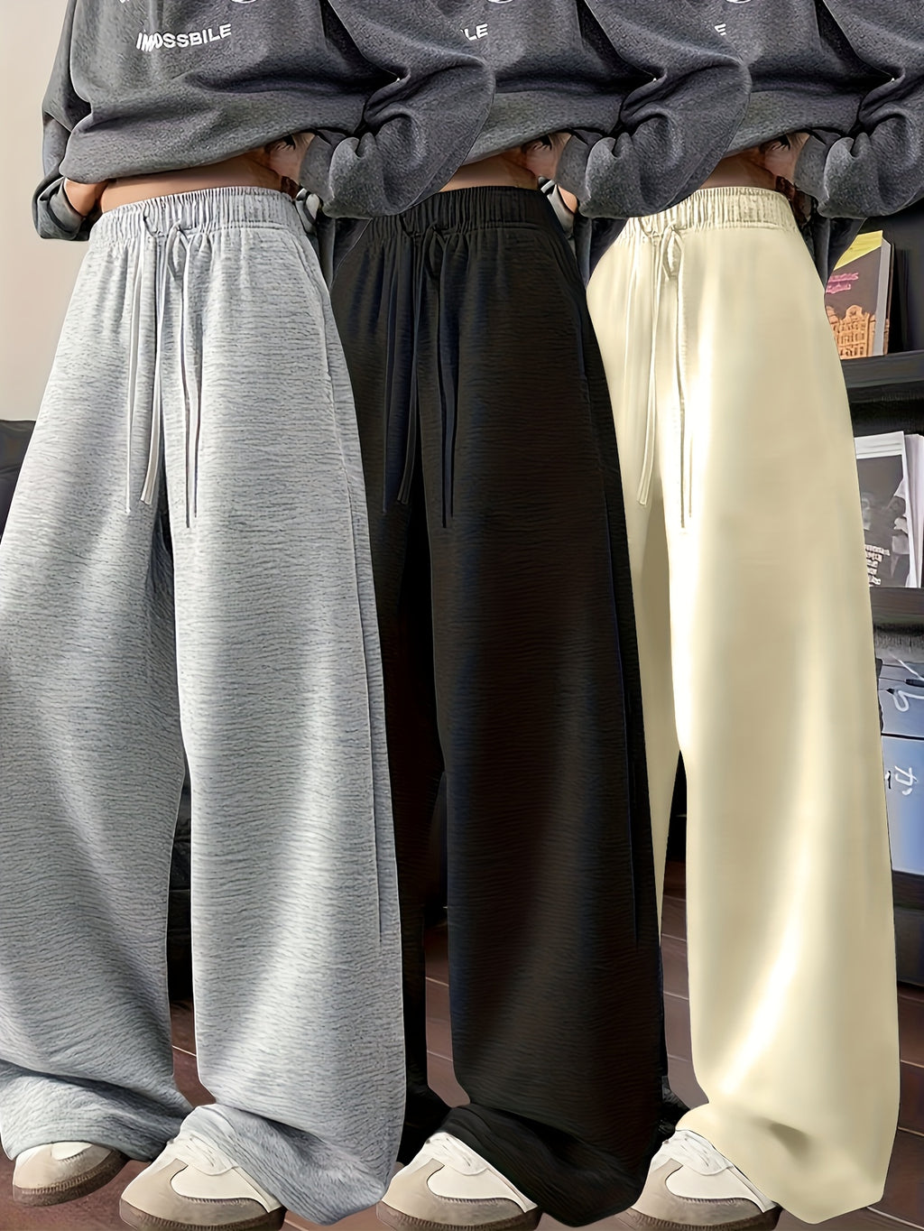3 pairs - Women's Long Pants Soft Joggers - Loose Fit, Elastic Waist With Drawstring, Two Side Pockets
