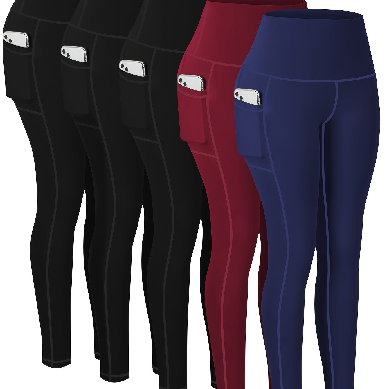 5 pairs - Women's Plus Size Sports Leggings - High-Waisted Cropped Yoga Pants with Pockets - Fitness Running Compression Tights For Women, High-Waisted Cropped Yoga Pants With Pockets, Fitness Running Compression Tights