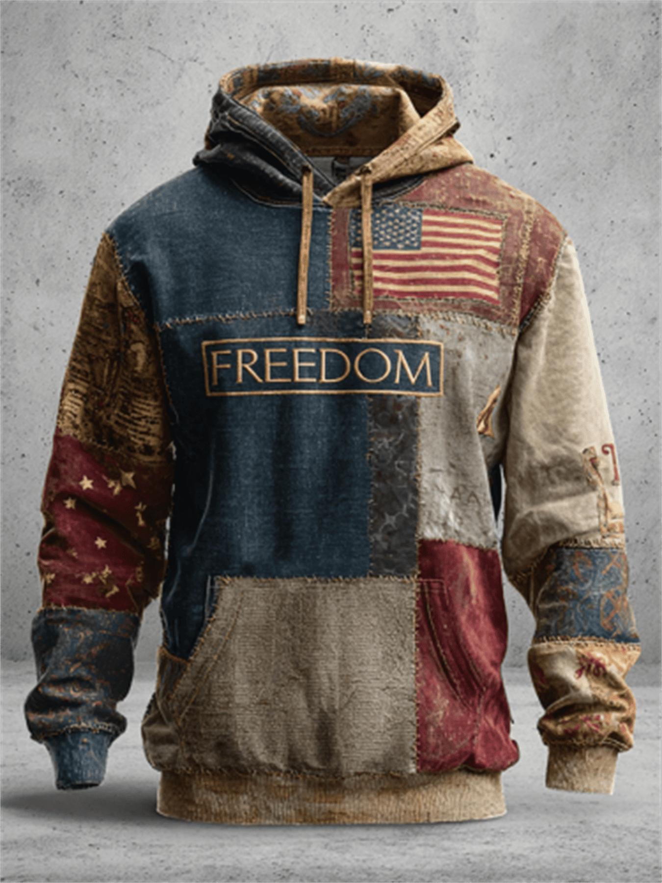 Flag & Freedom Print Hoodie Sweatshirt - 100% Polyester Knit - Vintage Retro Pullover with Pockets - Camouflage Star-Spangled Design