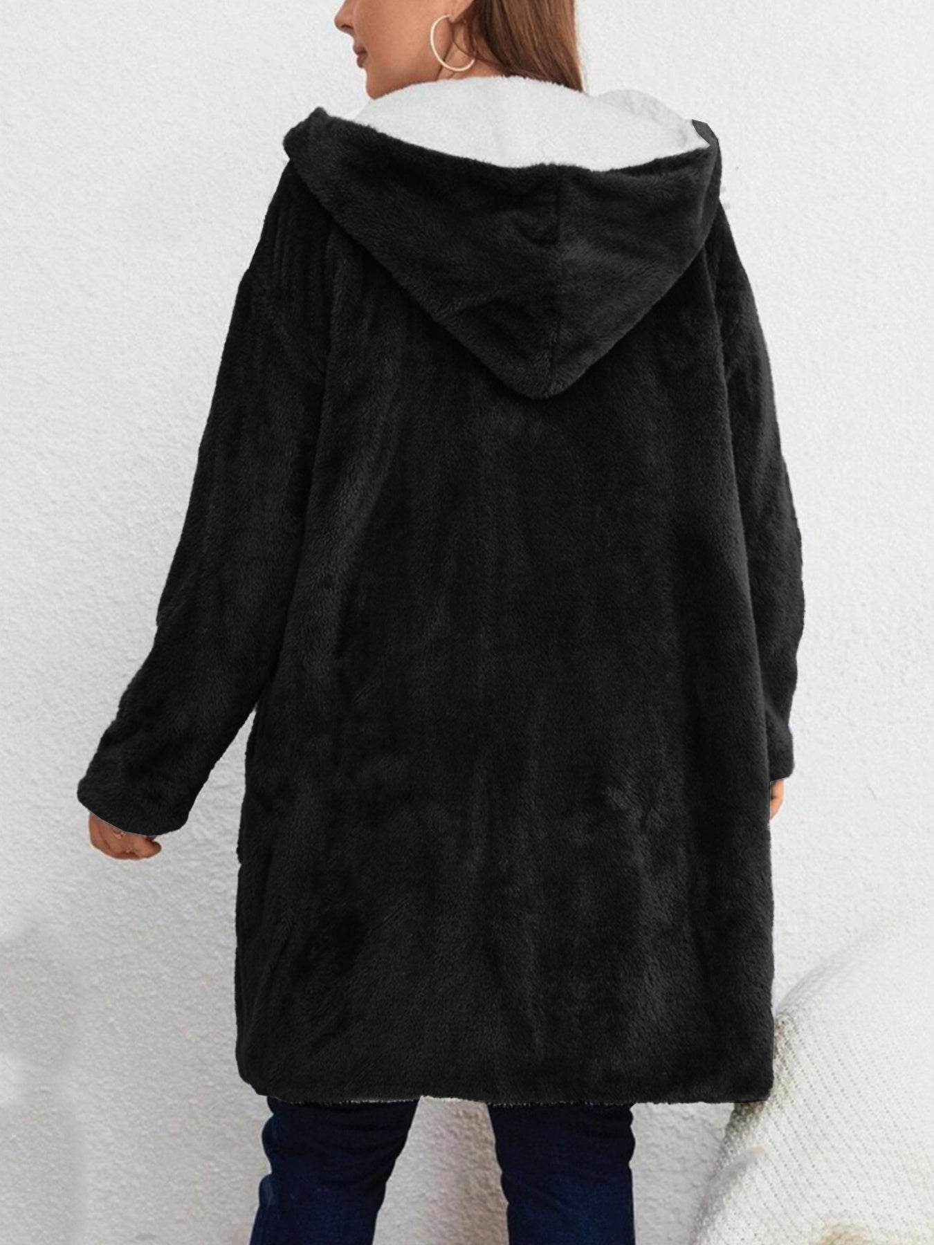 Women's Plus Size Plush Hooded Jacket - Oversized Coat with Soft Plush Fabric - Machine Washable, Burgundy &amp; White Trim - Mid-Length Long Sleeve Casual Outerwear in a Cozy Warm Jacket