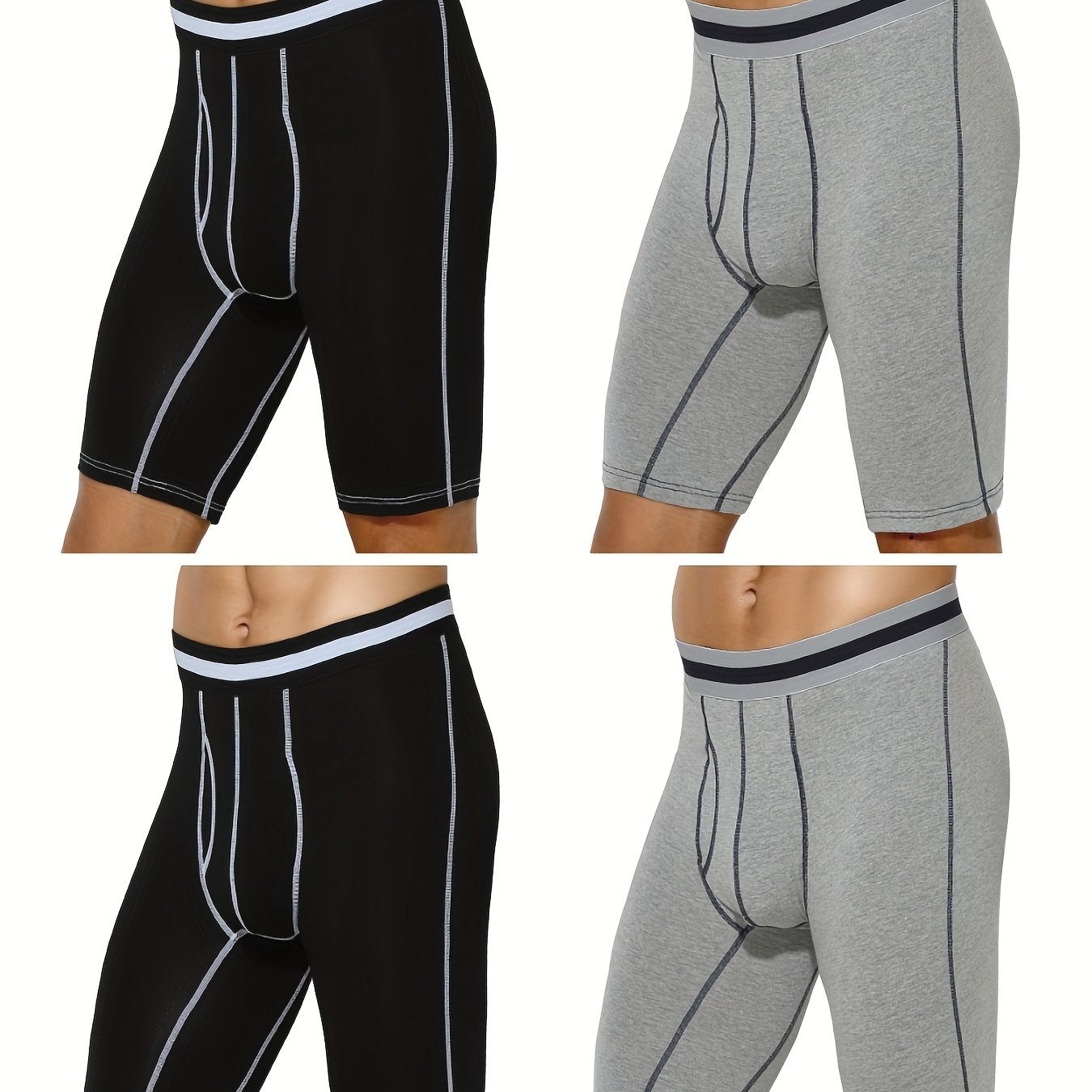 4 pairs - Men's Cotton Boxer Briefs with Open Fly Pouch - Long Leg - Slimming Shapewear - Moisture Wicking &amp; Breathable - Ideal for Sports &amp; Cycling - Stretchy Support in Black, White, Red, Navy