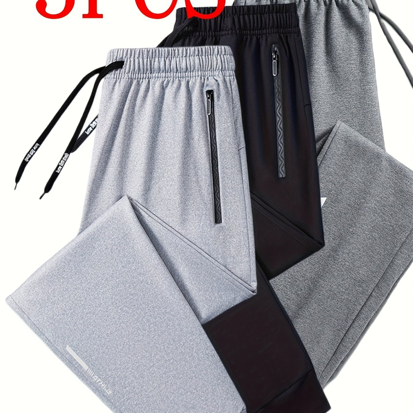 3 pairs - Men's Athletic Pants - Stretch Joggers with Zippered Legs, Elastic Drawstring Waist - Gym, Casual, Outdoor - All-Season Loose Fit Trousers - Heavy-Duty for Everyday &amp; Formal Wear - Ideal Gift for Men, Jogging Pants, Soft
