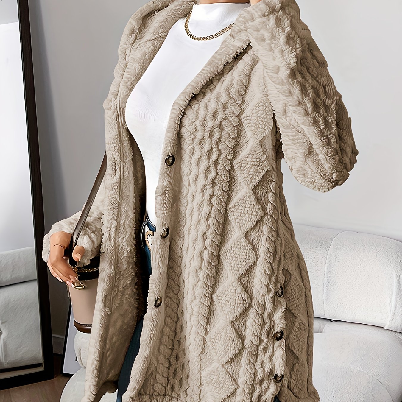 Jacquard Plush Hooded Cardigan Coat