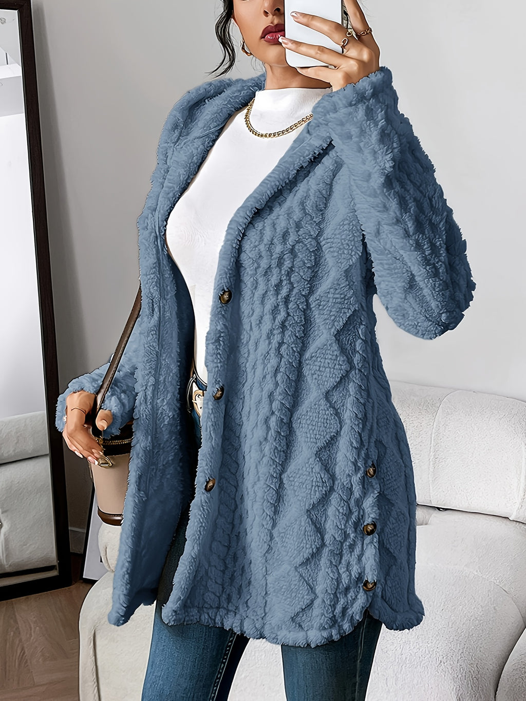 Jacquard Plush Hooded Cardigan Coat