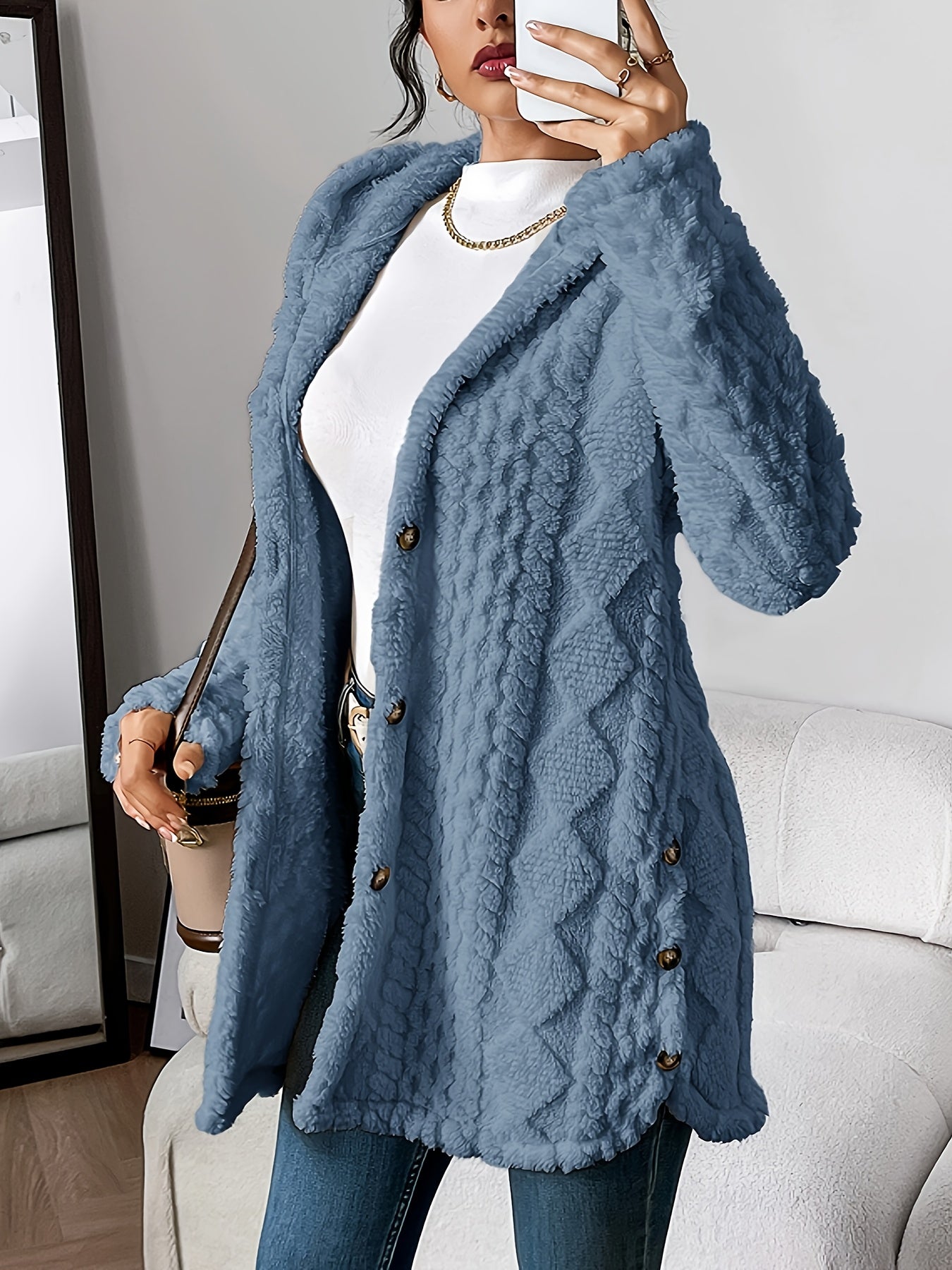 Jacquard Plush Hooded Cardigan Coat