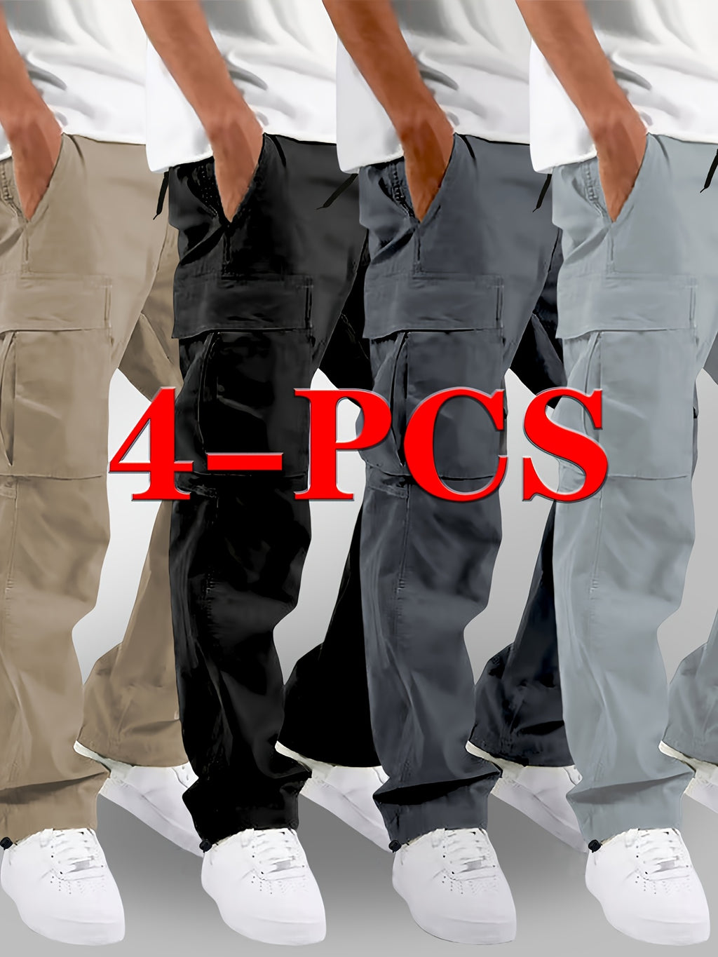 4 pairs - Men's Loose Drawstring Waist Work Pants - Multi-Pocket Stretch High Waisted Trendy Street Style Breathable Casual Trousers