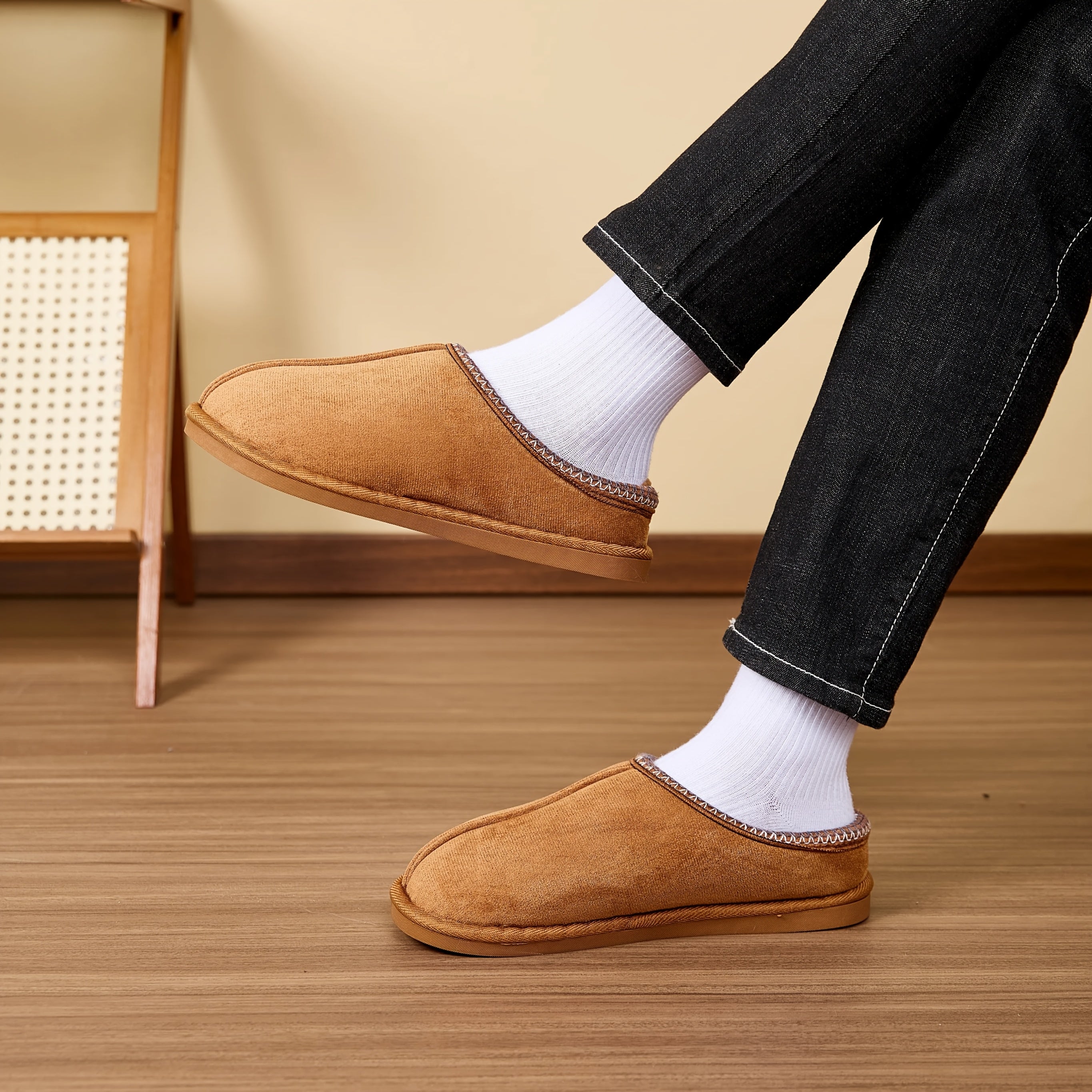 Plush Furry House Shoes with TPR Sole - Slip-On Thick Casual Footwear