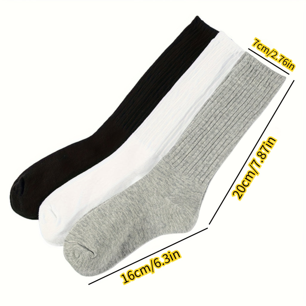 3 Pairs - Warm Winter Socks - Unisex Breathable Mid Calf Socks - Solid Color Stacked Long Socks
