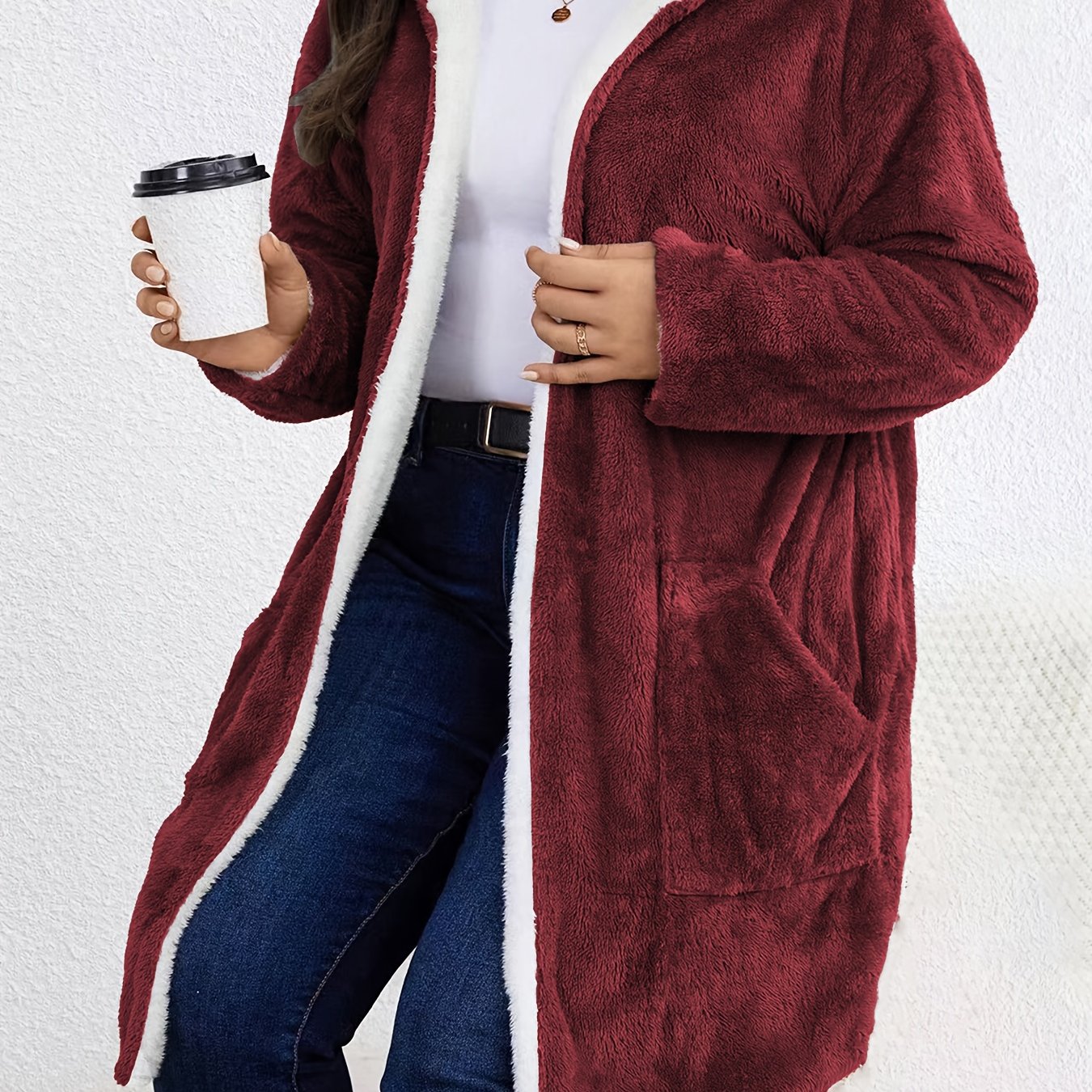 Women's Plus Size Plush Hooded Jacket - Oversized Coat with Soft Plush Fabric - Machine Washable, Burgundy &amp; White Trim - Mid-Length Long Sleeve Casual Outerwear in a Cozy Warm Jacket