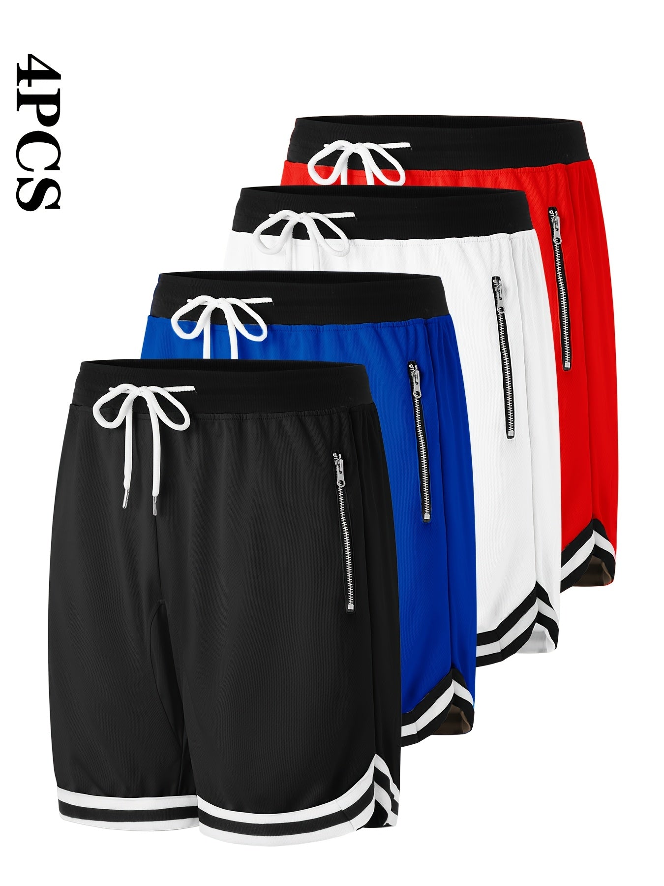 4 pairs - Men's Casual Athletic Shorts with Zipper Pockets - Breathable Polyester, Elastic Waistband with Drawstring, Multi-Color (Black/White/Green/Red) Striped Side Panels for Basketball, Sports &amp; Casual Wear - Machine Washable