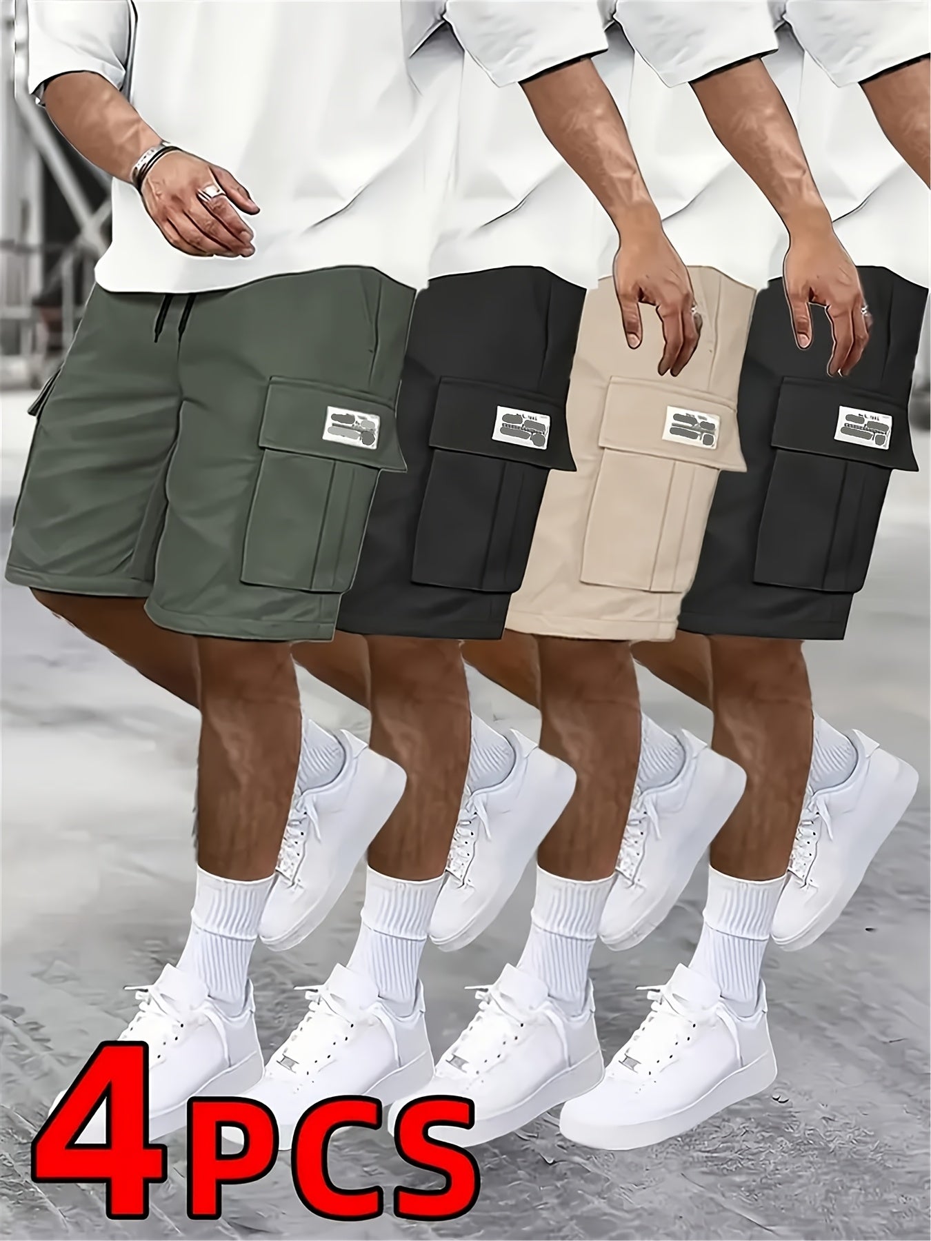 4 pairs - Men's shorts, casual loose shorts, perfect choice, large pocket workwear shorts, summer workwear shorts