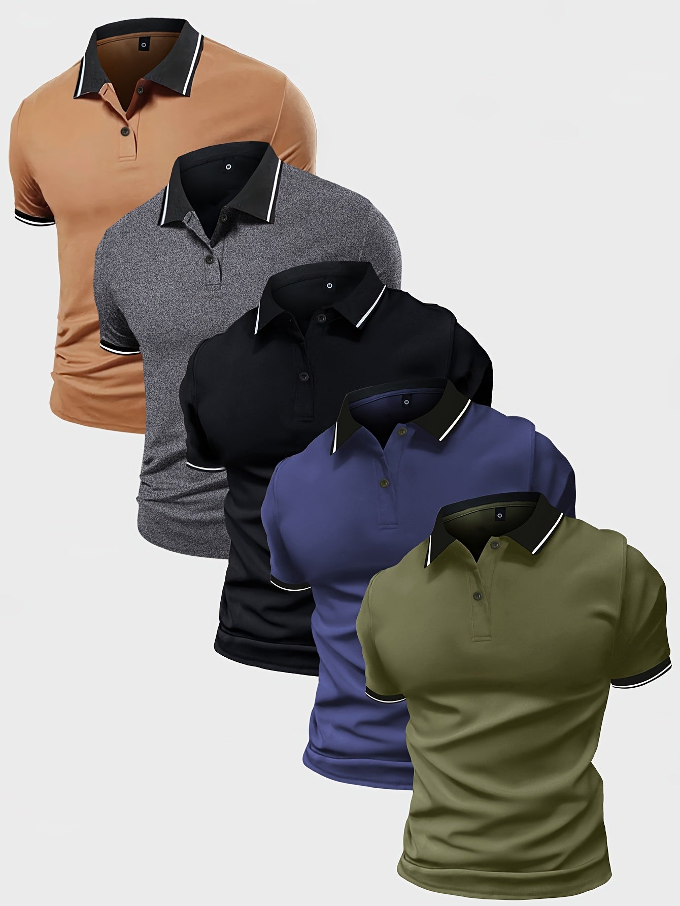 5 Men's Polo Shirts with Collar - Solid Color - Short Sleeves - Available in Multiple Colors - Suitable for Work And Casual Sportswear