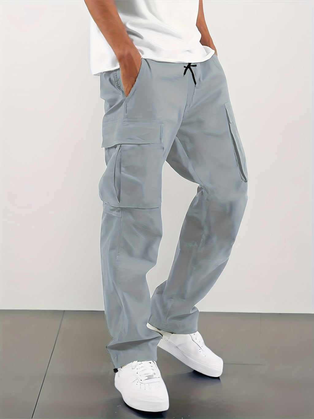 4 pairs - Men's Loose Drawstring Waist Work Pants - Multi-Pocket Stretch High Waisted Trendy Street Style Breathable Casual Trousers