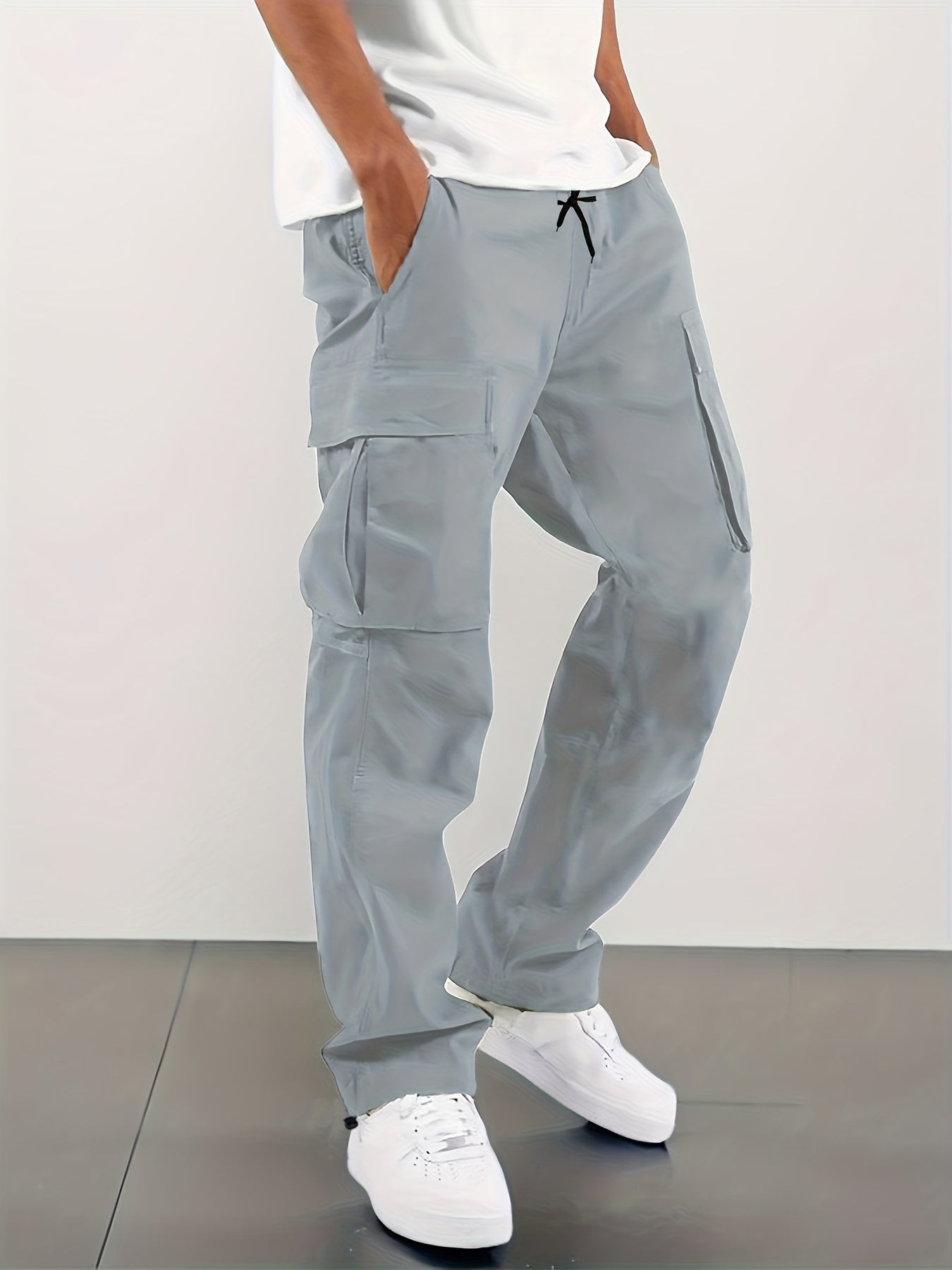 4 pairs - Men's Loose Drawstring Waist Work Pants - Multi-Pocket Stretch High Waisted Trendy Street Style Breathable Casual Trousers