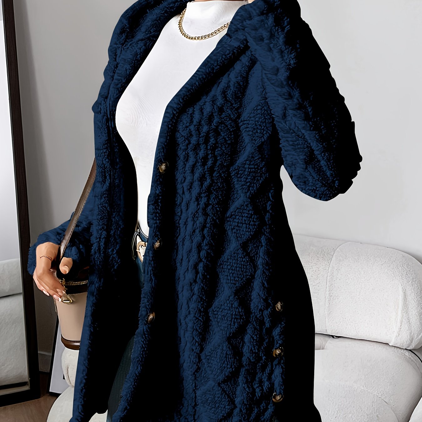 Jacquard Plush Hooded Cardigan Coat