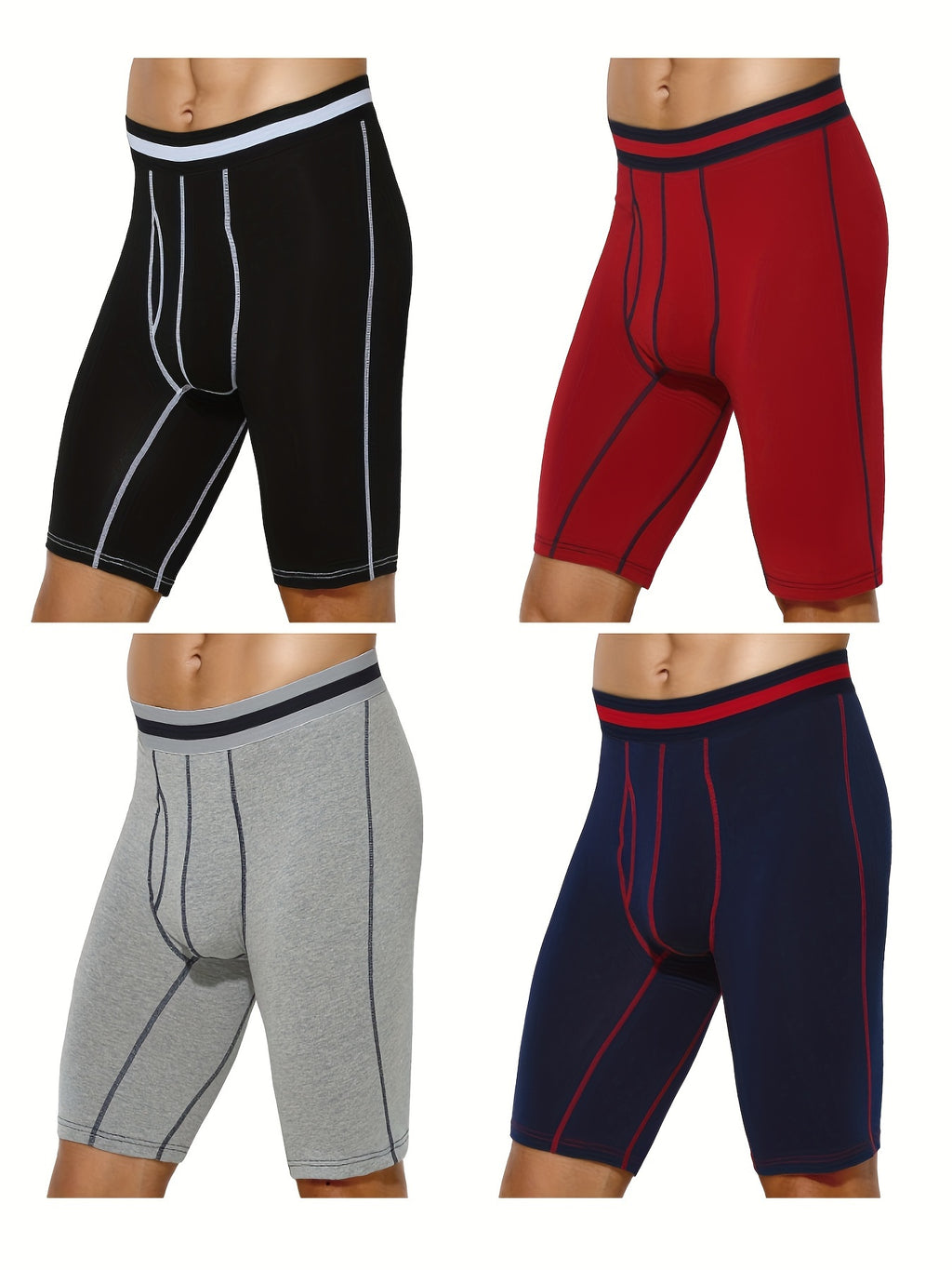 4 pairs - Men's Cotton Boxer Briefs with Open Fly Pouch - Long Leg - Slimming Shapewear - Moisture Wicking &amp; Breathable - Ideal for Sports &amp; Cycling - Stretchy Support in Black, White, Red, Navy