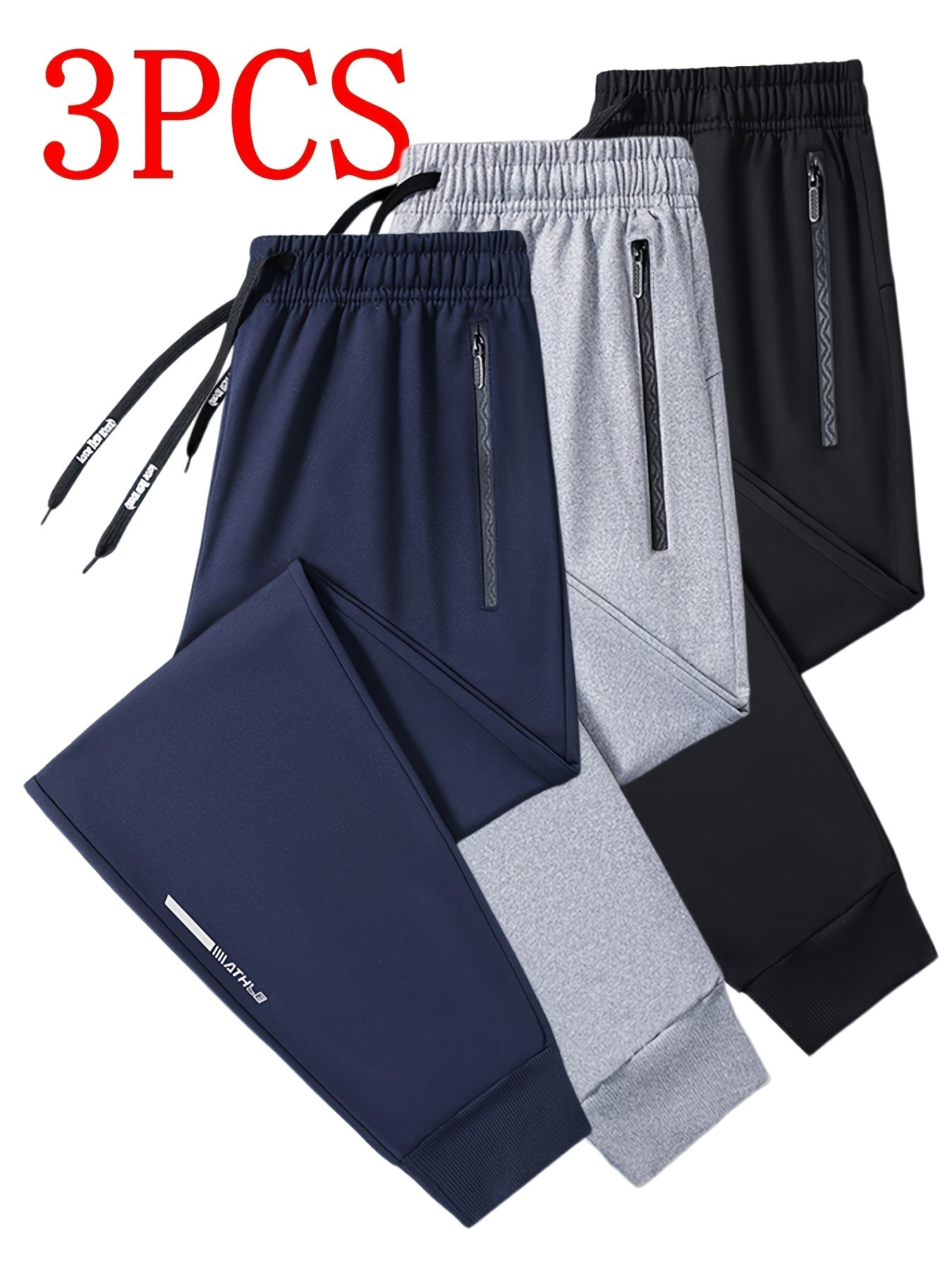 3 pairs - Men's Athletic Pants - Stretch Joggers with Zippered Legs, Elastic Drawstring Waist - Gym, Casual, Outdoor - All-Season Loose Fit Trousers - Heavy-Duty for Everyday &amp; Formal Wear - Ideal Gift for Men, Jogging Pants, Soft