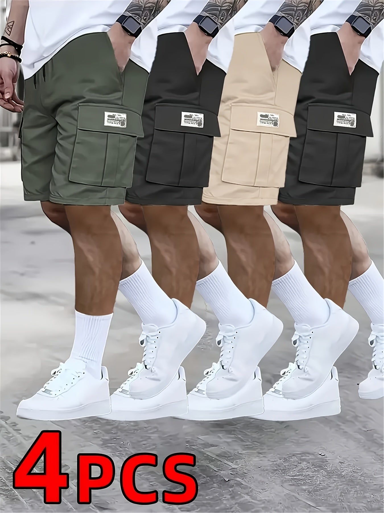 4 pairs - Men's shorts, casual loose shorts, perfect choice, large pocket workwear shorts, summer workwear shorts