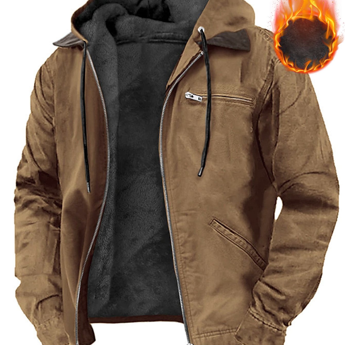 Men's Vintage Oversized Hooded Fleece-Lined Jacket - 350gsm Heavyweight 65% Polyester/35% Fleece Blend, Full-Zip Front Closure, Full-Zip Hooded Coat with Full-Zip Closure, Machine Washable Winter Jacket For Cold Weather - Ide