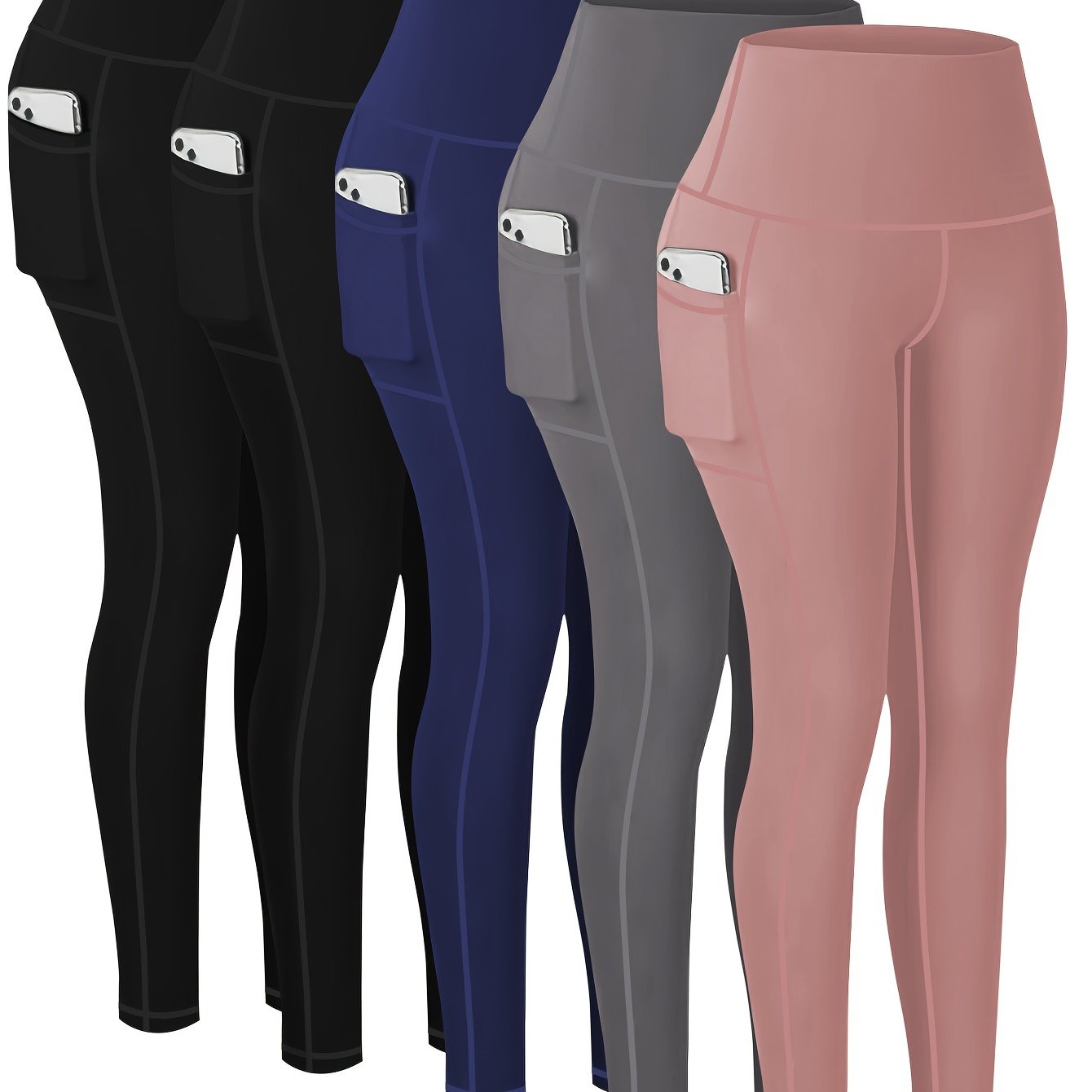 5 pairs - Women's Plus Size Sports Leggings - High-Waisted Cropped Yoga Pants with Pockets - Fitness Running Compression Tights For Women, High-Waisted Cropped Yoga Pants With Pockets, Fitness Running Compression Tights
