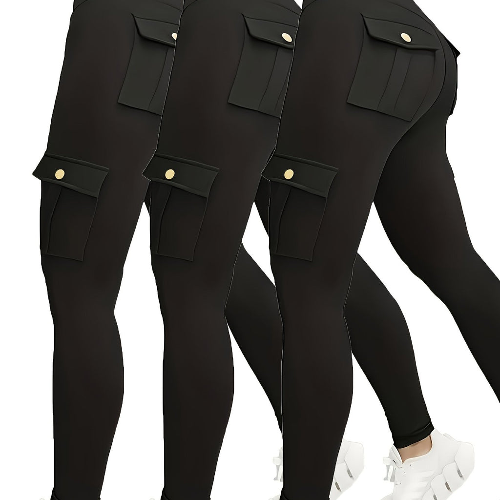 High-Waisted Sports Leggings with Pockets - College-Style Polyester Fabric with Stretch Waist - Yoga Pants - Solid Color Tight Leggings - Plus Size Leggings