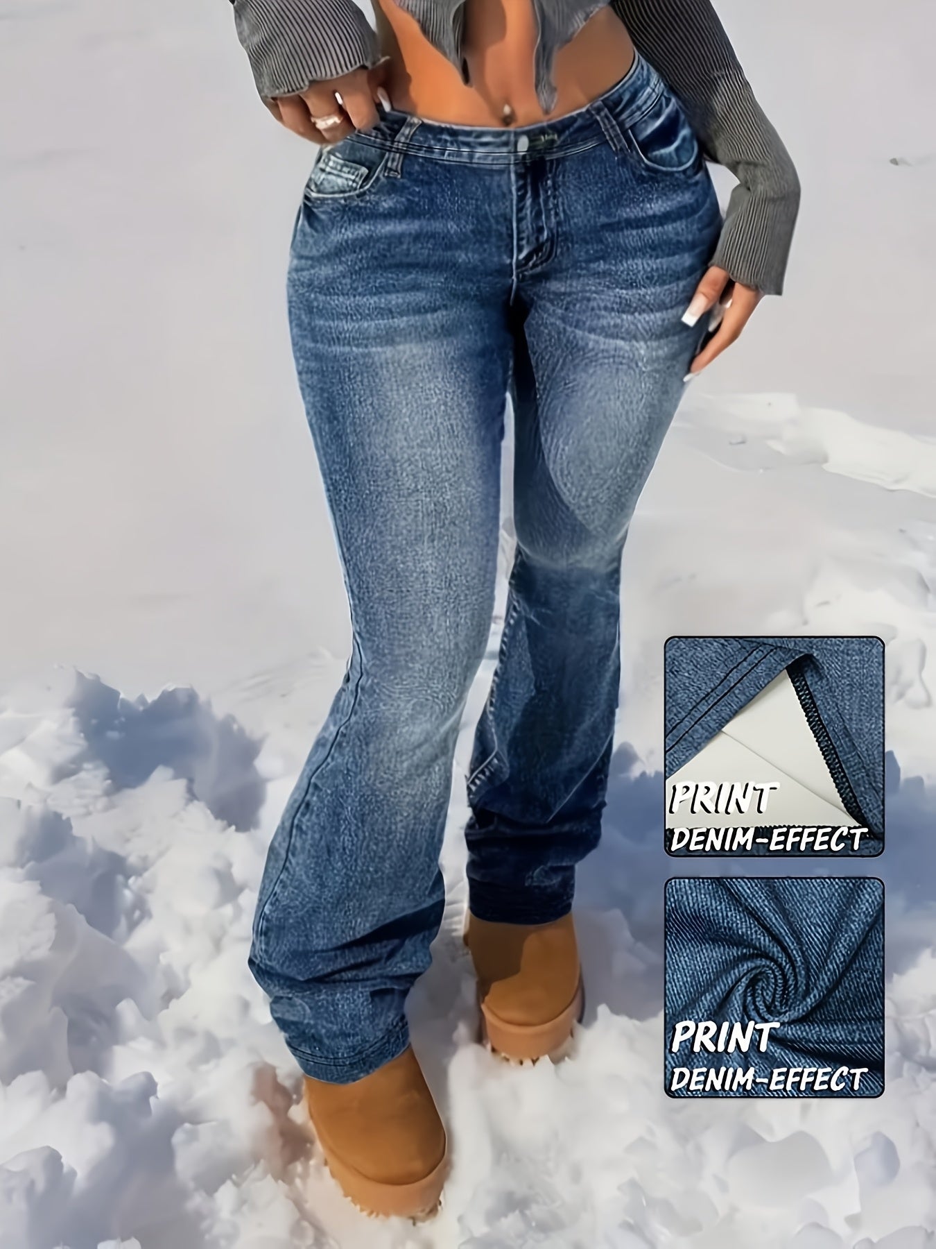 Women's High-Waisted Stretch Imitation Denim Bell-Bottom Jeans