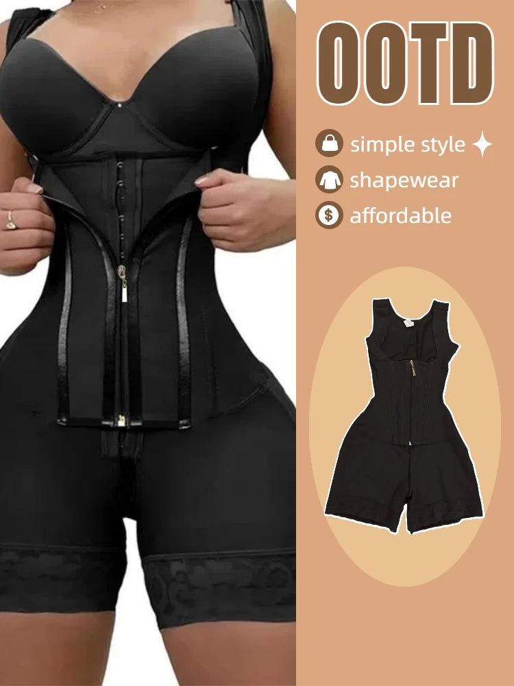 Women's Lace-Trimmed Shapewear Bodysuit - Tummy Control Corset with Adjustable Straps & Zipper, Black, Comfortable