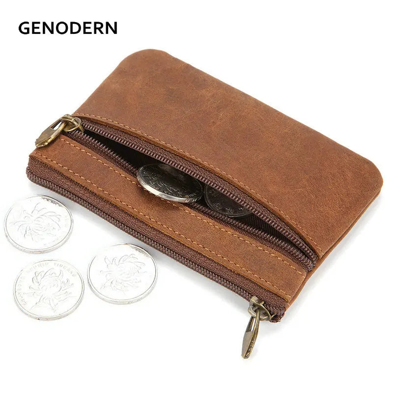 Vintage Crazy Horse Leather Men's Coin Purse Genuine Leather Zipper Coin Wallet Retro Key Holder Small Money Bag