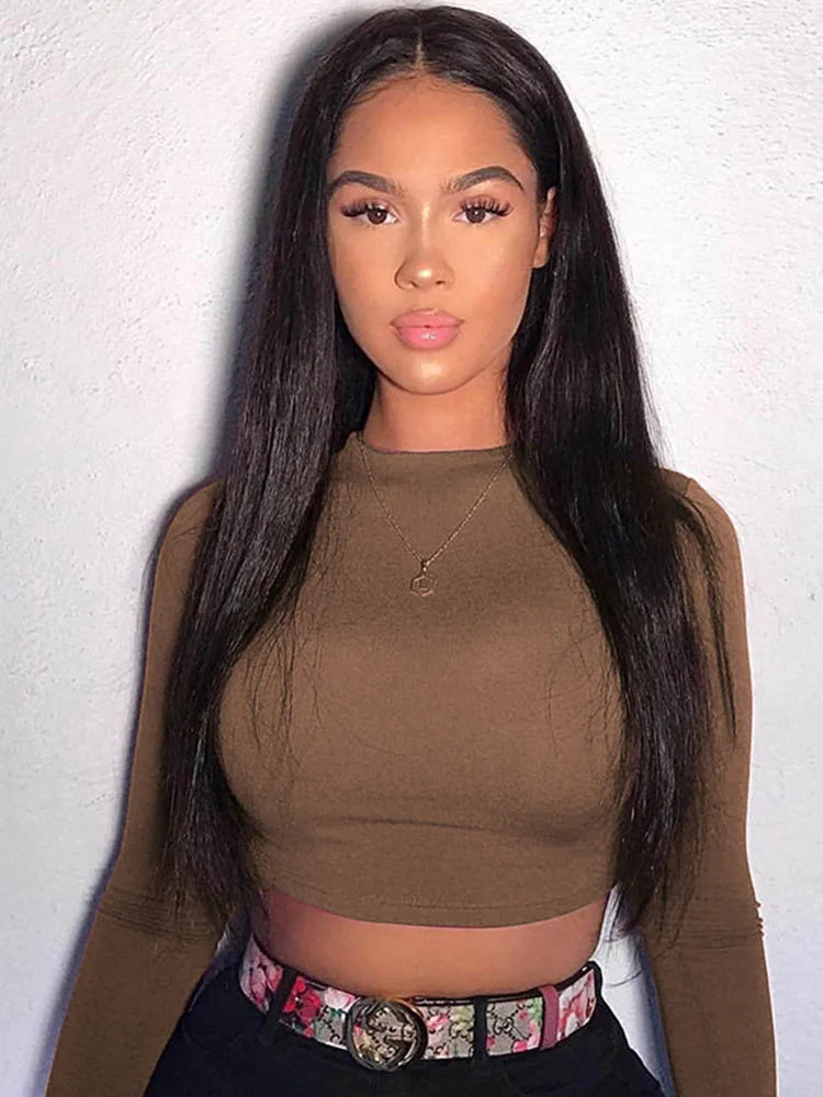 Women's Solid Crop Top Long Sleeve T-shirt