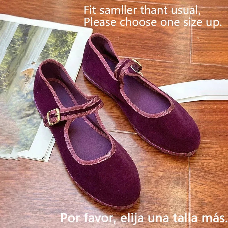 Women's Velvet Mary Jane Shoes - Hand Stitched Casual Streetwear - Ballet Flats