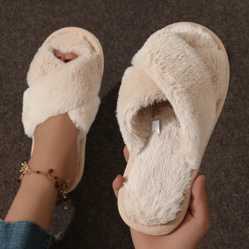 Cross Warm Fluffy Furry Slippers - Lightweight Flat Heels - Fur Slides Open Toe Non Slip Home Floor Shoes